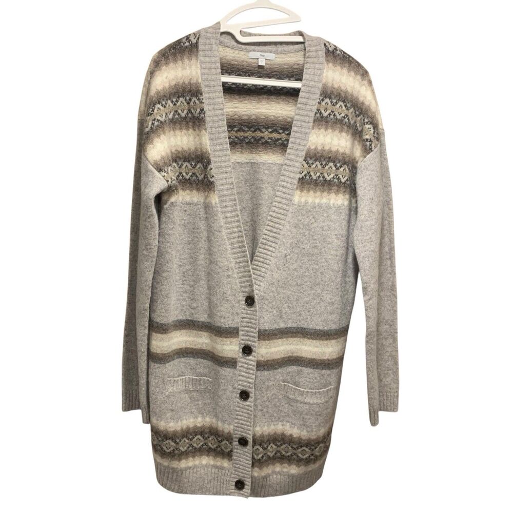Gap Womens Fair Isle Lambswool Blend Long Sleeve Sweater Cardigan L Boho Pockets